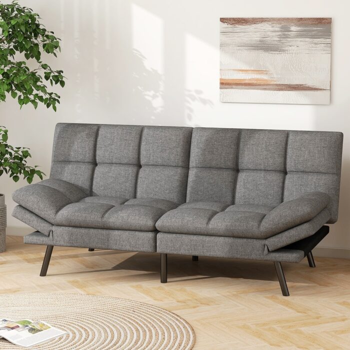 Memory Foam Futon Couch Bed Faux Leather Convertible Sofa with Adjustable Splitback Armrests for Compact Living Space, Grey - Image 2