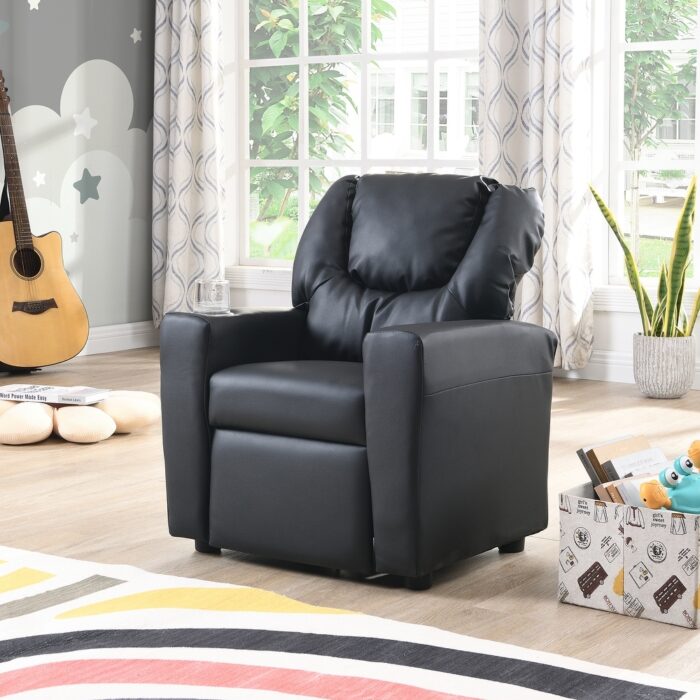 Kids Upholstered Couch with One Cup Holder, Footrest, Backrest, Toddlers Velvet Recliner with Headrest and Footrest