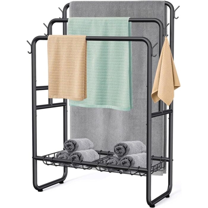 Free Standing Towel Rack with 2 Storage Baskets & 6 Hooks, 3 Tier