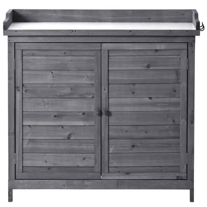 Outdoor 39" Potting Bench Table, Rustic Garden Wood Workstation Storage Cabinet Garden Shed with 2-Tier Shelves and Side Hook - Image 2