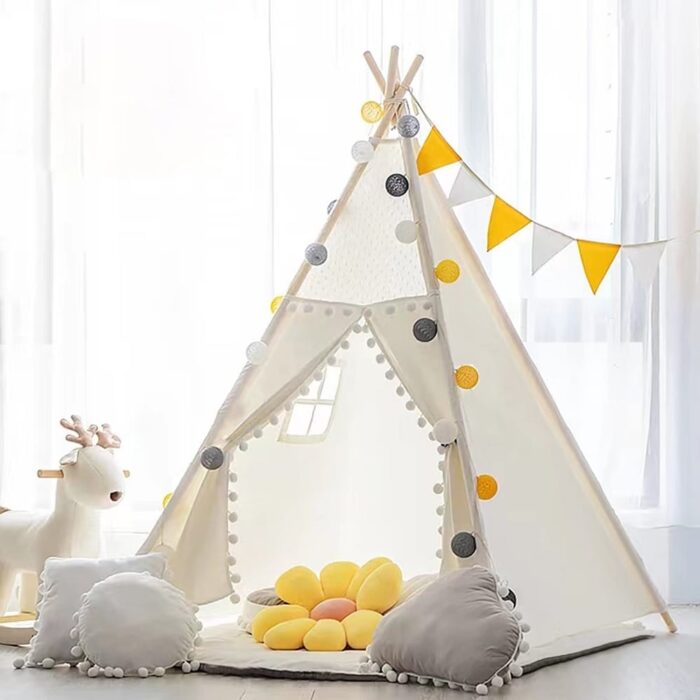 Washable Children's Indoor Tent with Carrying Bag, Mat and Pompoms - Image 2
