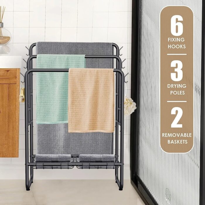 Free Standing Towel Rack with 2 Storage Baskets & 6 Hooks, 3 Tier - Image 2