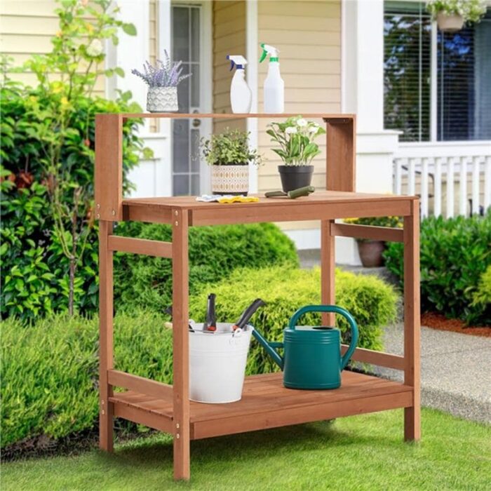 Wooden Potting Bench with Storage Shelf, Brown - Image 2