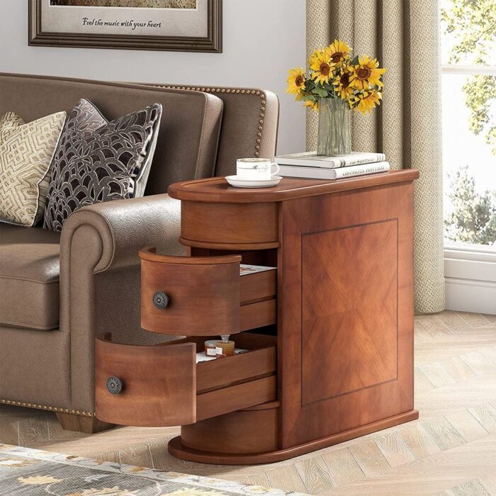 Wood Nightstand with 2 Drawers, Narrow Bedside Table No Assembly