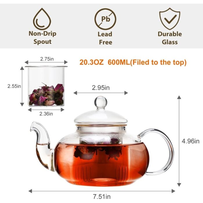 Glass Teapot Stovetop Safe,Clear Teapot with Removable Infuser - Image 2
