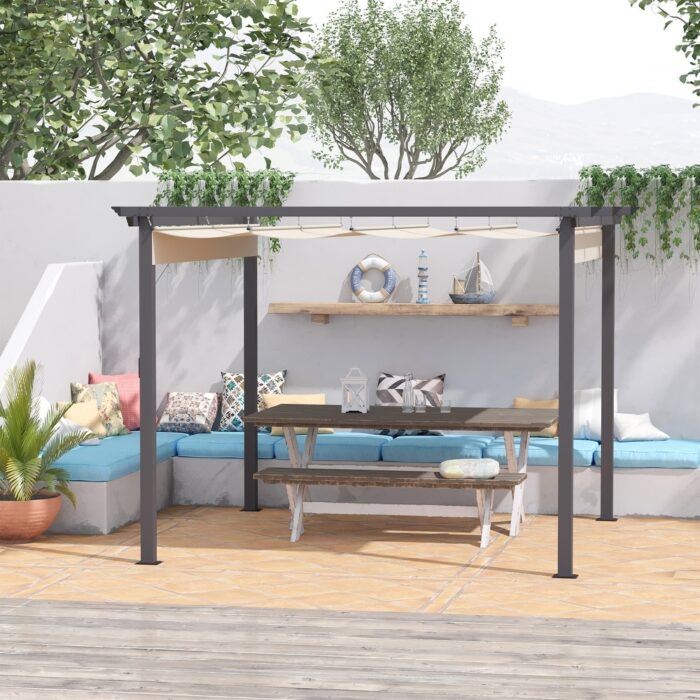 Outsunny 10' x 10' Retractable Pergola Canopy Patio Gazebo Sun Shelter with Aluminum Frame for Outdoors, Cream White