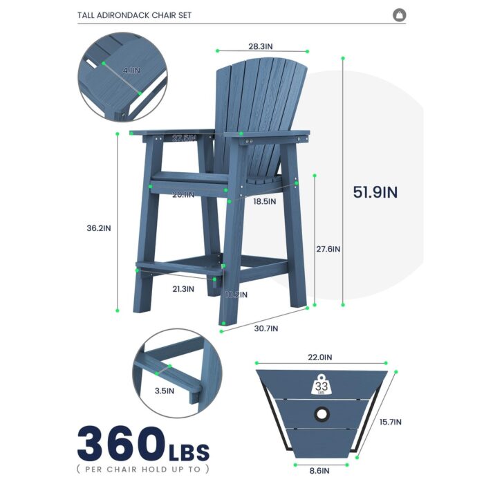 Outdoor Tall Adirondack Chair Set of 2 with Connecting Tray - Image 2