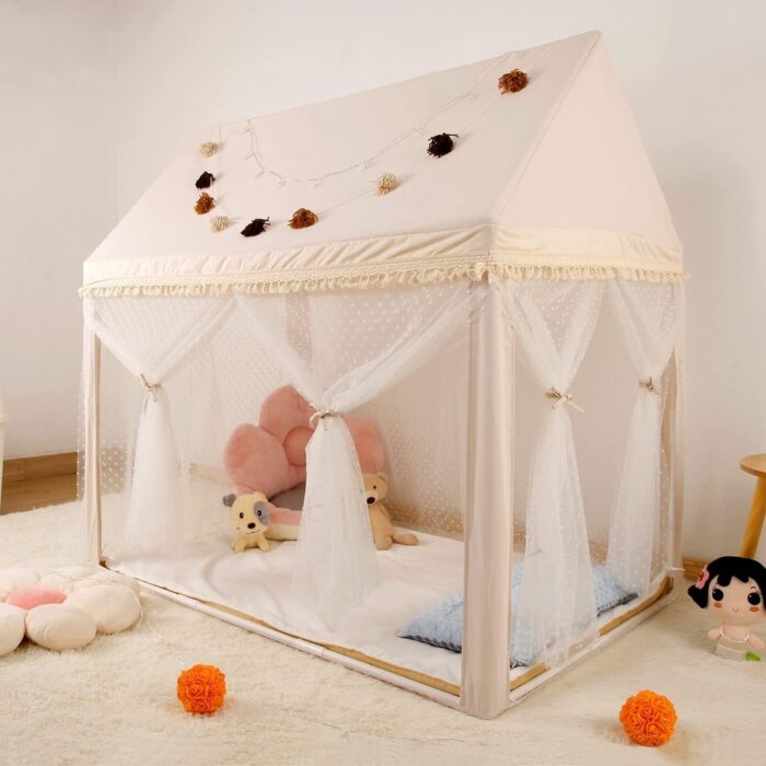 Kids Play Tent with Non-Slip Mat, Star Lights, Decorating Flag