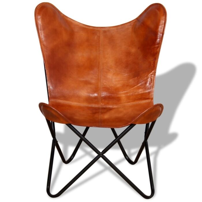 vidaXL Butterfly Chair Brown Real Leather - 29.1" x 26" x 35.4" - Image 2