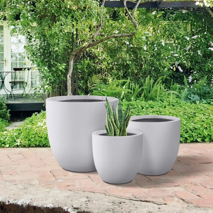 Plantara 18", 14", & 10" D Round Solid White Concrete planter (Set of 3), Outdoor Flower pot, Modern Planter pot for Garden - Image 2