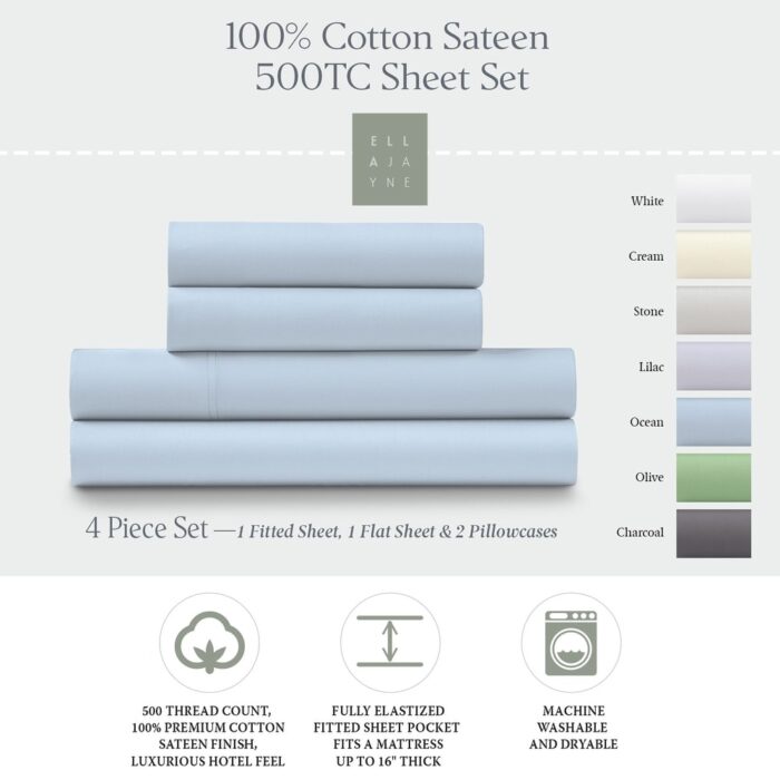 100% Cotton Sateen 500 Thread Count Deep Pocket 4-piece Sheet Set - Image 2