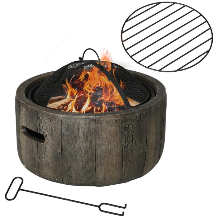 Outsunny Outdoor Fire Pit, 18 Inch Metal Wood Burning Fireplace with Spark Cover, Poker, Woodgrain Design - Image 2