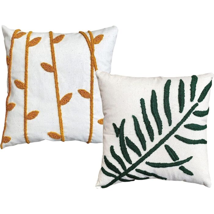 17 x 17 Inch Square Cotton Accent Throw Pillows, Leaf Embroidery, Set of 2, White, Green, Yellow