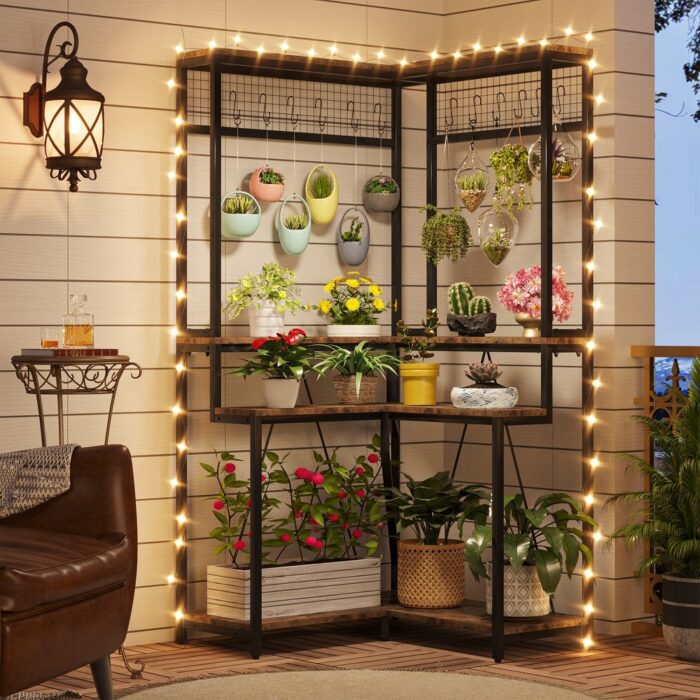4-Tier Large Corner Plant Shelves, Corner Plant Stand with 15 S-shaped Hanging Hooks, Rustic Brown