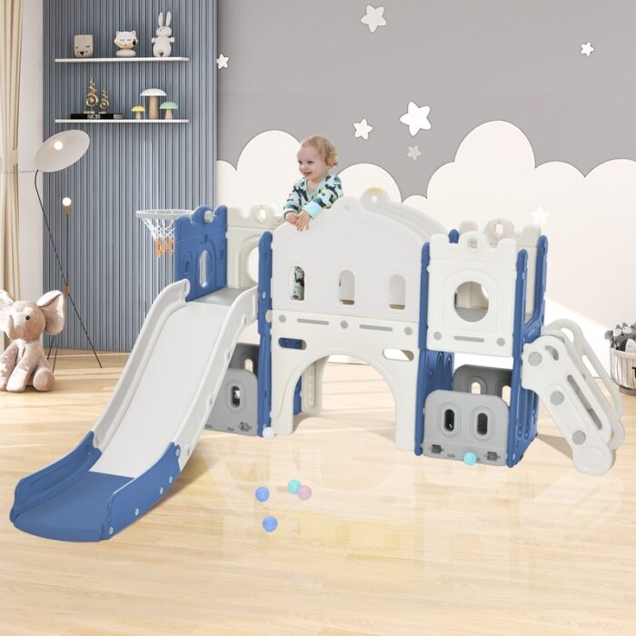 5 in 1 Freestanding Kids Slide Playset, with Climber and Basketball Hoop, Toy Storage Space, for Outdoor Activity