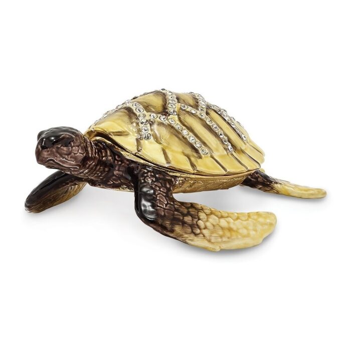 Curata Pewter Bejeweled Crystals Gold-Tone Enameled Yellow Sun Sea Turtle Trinket Box on 18 Inch Necklace