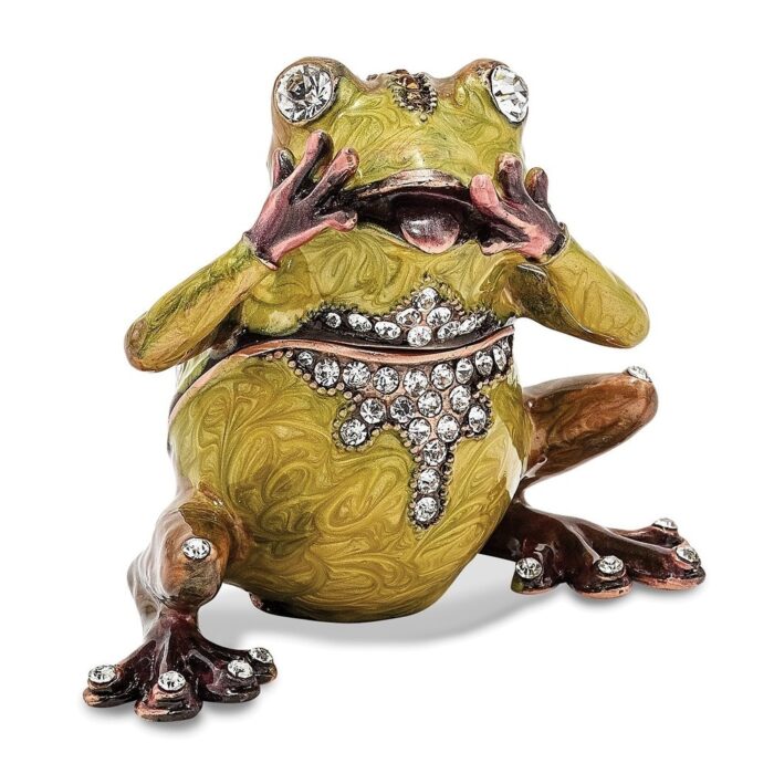 Curata Pewter Bejeweled Crystals Rose-Tone Enameled Oh My Expressive Frog Trinket Box on 18 Inch Necklace