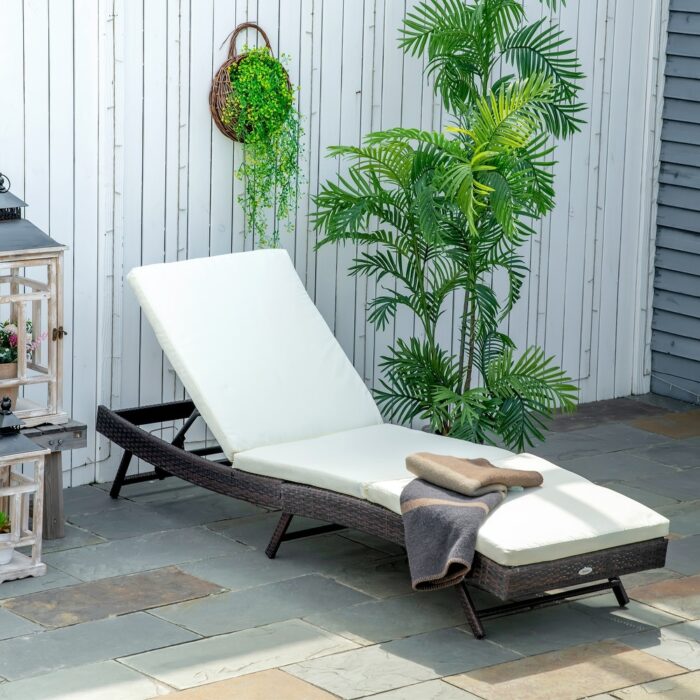 Outsunny Patio Chaise Lounge, Pool Chair with 5 Position Adjustable Backrest & Cushion, Outdoor Wicker Sun Tanning