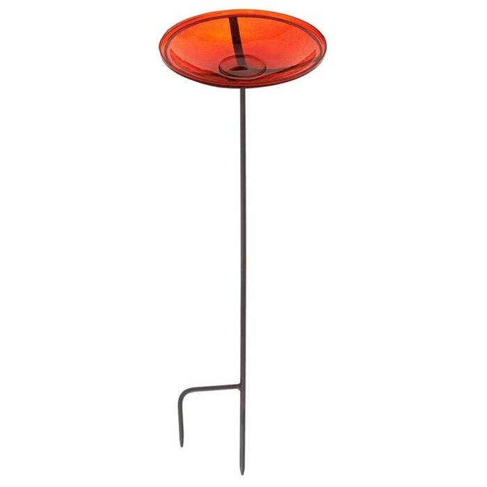 Achla Designs 14 Inch Hand Blown Crackle Glass Birdbath with Metal Stake, Red - 7