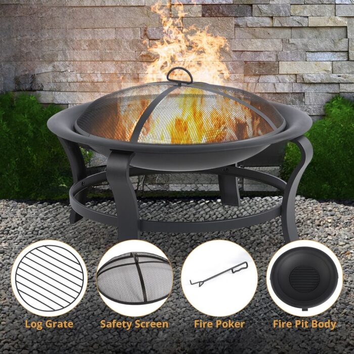 30 in. Steel Outdoor Wood Burning Fire Pit for Patio Backyard Camping,with Spark Screen,Log Grate,Poker - 30 x 30 x 19.68 inch - Image 2