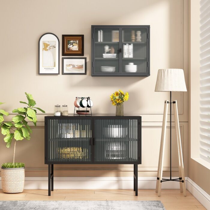27.56"Glass Doors Modern Two-door Wall Cabinet with Featuring Three-tier Storage for Entryway Living Room - N/A - Image 2