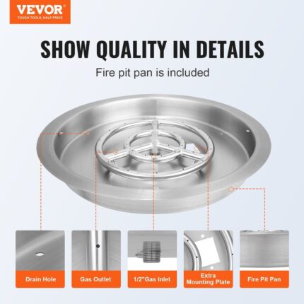 VEVOR 19 inch Round Fire Pit Pan Stainless Steel 92,000 BTU for Indoor Outdoor Use - 19 in-92,000 BTU - Image 2