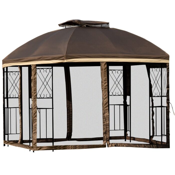 Outsunny 10' x 10' Outdoor Patio Gazebo Canopy with Double Tier Roof, Removable Mesh Curtains, Display Shelves - Image 2