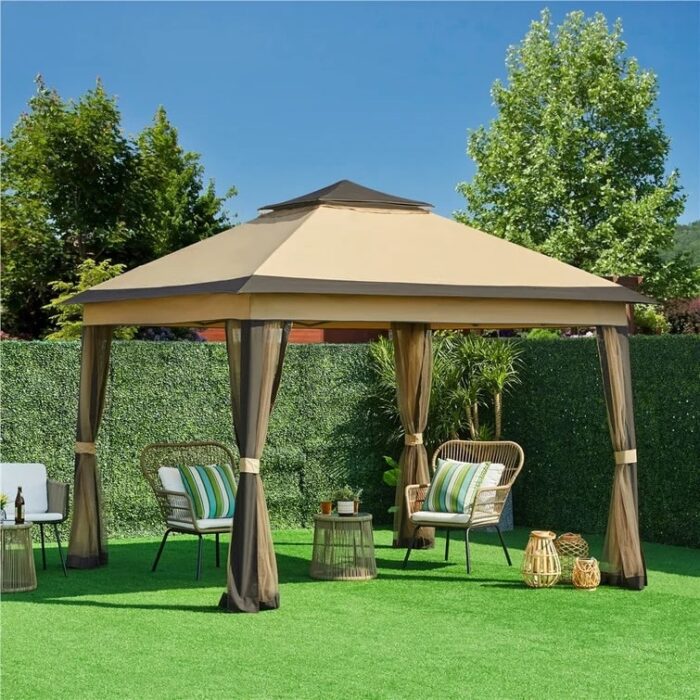 Zenova 11FT Outdoor Pop Up Canopy Double Roof Soft Patio Gazebo with Zipper Netting