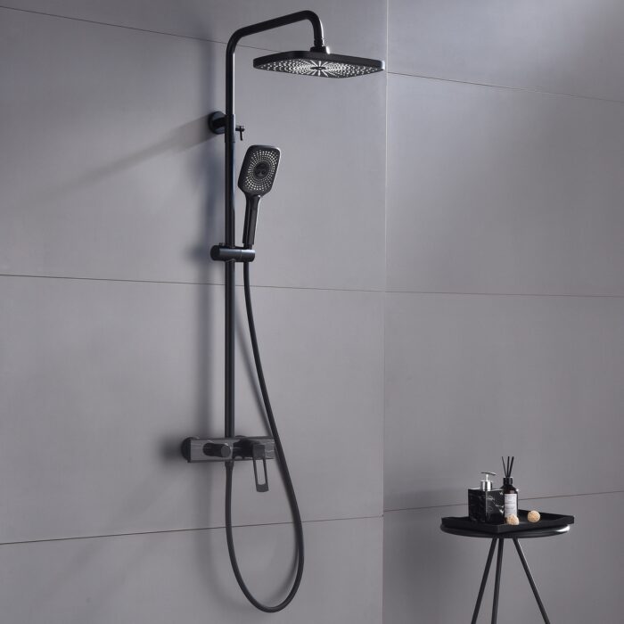 5-Way Wall Exposed Install 12'' Complete Rainfall Shower System with Handheld Showerhead & Faucet in Black / Gold - Image 2