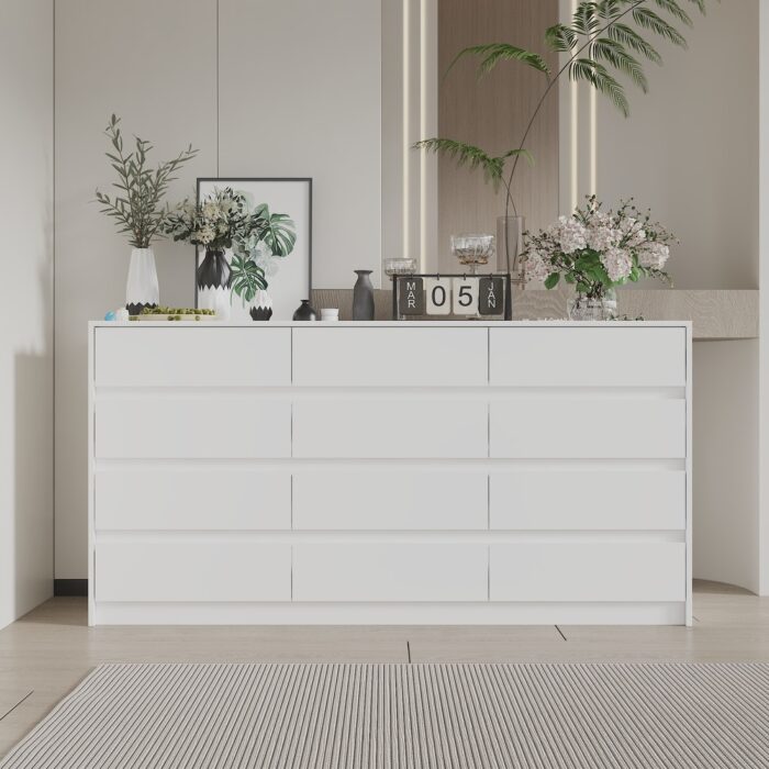 63" Chest of Drawers White Dresser No Handle, Modern 12 Drawer Dresser