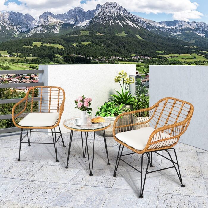 Gymax 3PCS Rattan Patio Bistro Set Conversation Furniture Set w/