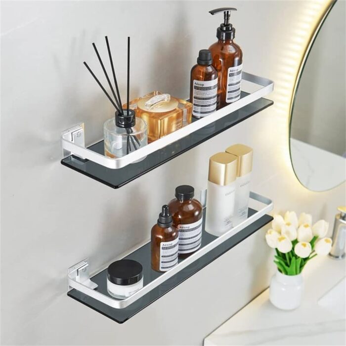 Silver Bathroom Tempered Glass Wall Shelves