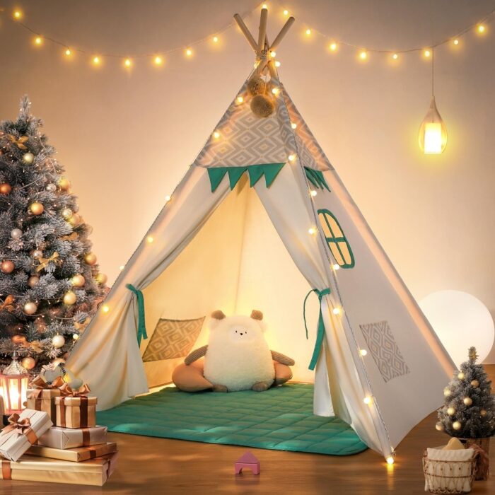 Foldable Portable Teepee Tent for Kids with Padded Mat & Light String