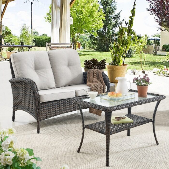 Pocassy 2-Piece Outdoor Sofa Couch with Coffee Table Set - Image 2