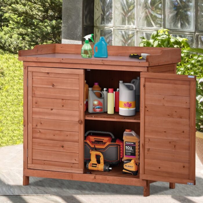Outdoor Potting Bench, Garden Potting Table, Shelves, Metal Tabletop - 39x19.1x37.4inch(LXWXH)