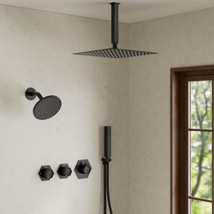 Thermostatic Shower Faucet with Dual Heads 5-Spray Patterns System -12 in.x 6In. Wall Mount - Image 2