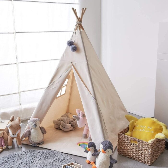 Natural Cotton Canvas Teepee Tent Kids Foldable with String Lights