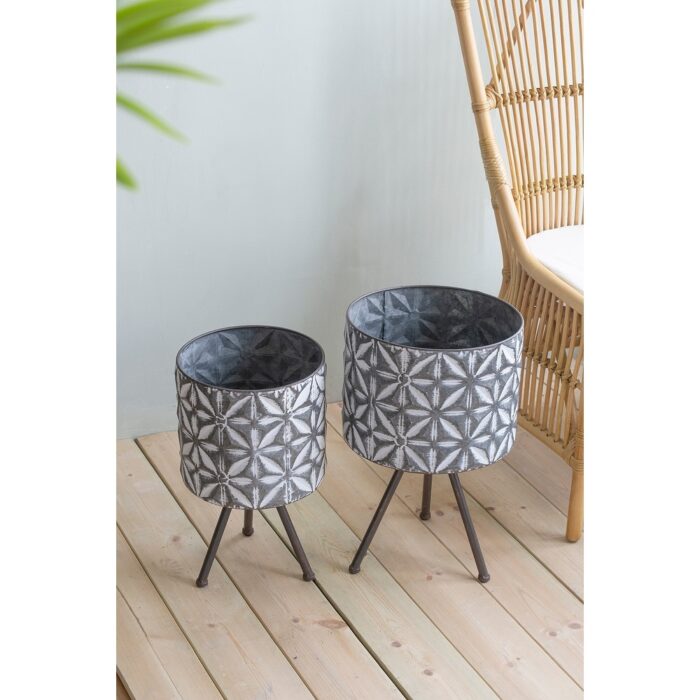 Set of 2 Metal Gray Planter w/ Stand, Round Unique Pattern Flower Pot