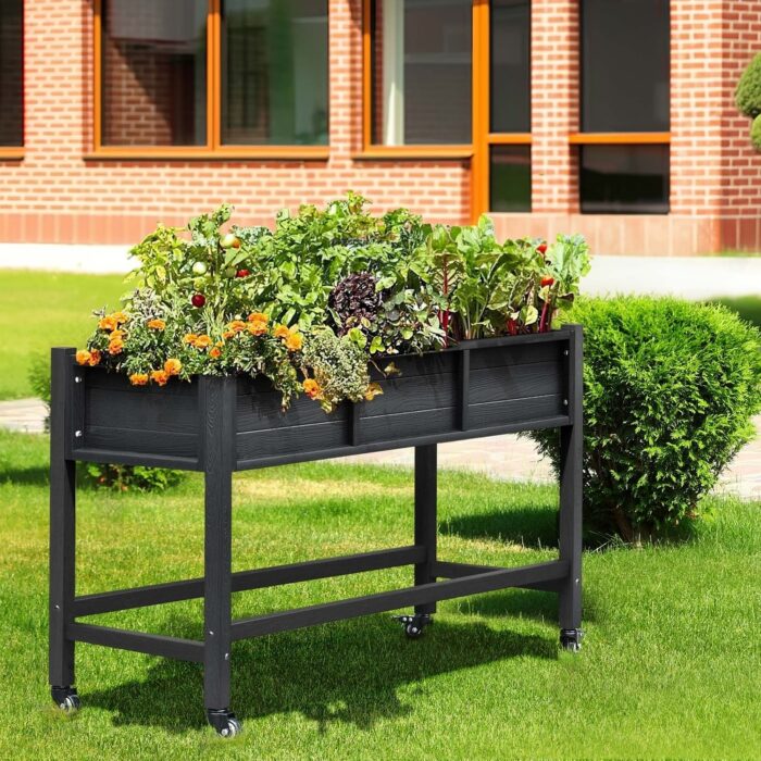 Moasis Outdoor Raised Garden Bed Planter Box Wood Mobile Elevated Stand With Lockable Wheel and Legs