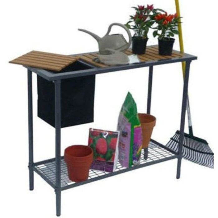 Outdoor Metal Garden Bench Work Table with Wood Top - 15L x 39W x 32H in.