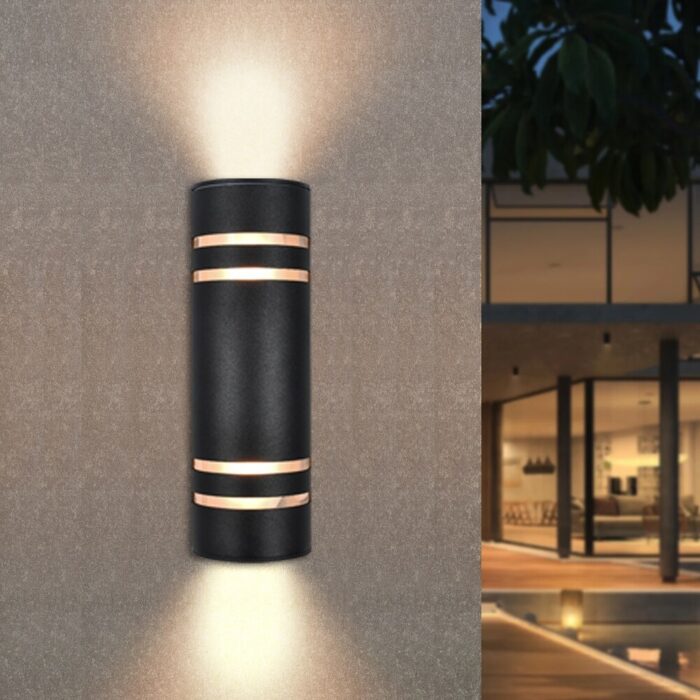 2 Pack 2-Light Industrial Modern Black Cylindrical Outdoor Lights Waterproof Lantern Wall Sconces - 4.33 in. W x 13.4 in. H