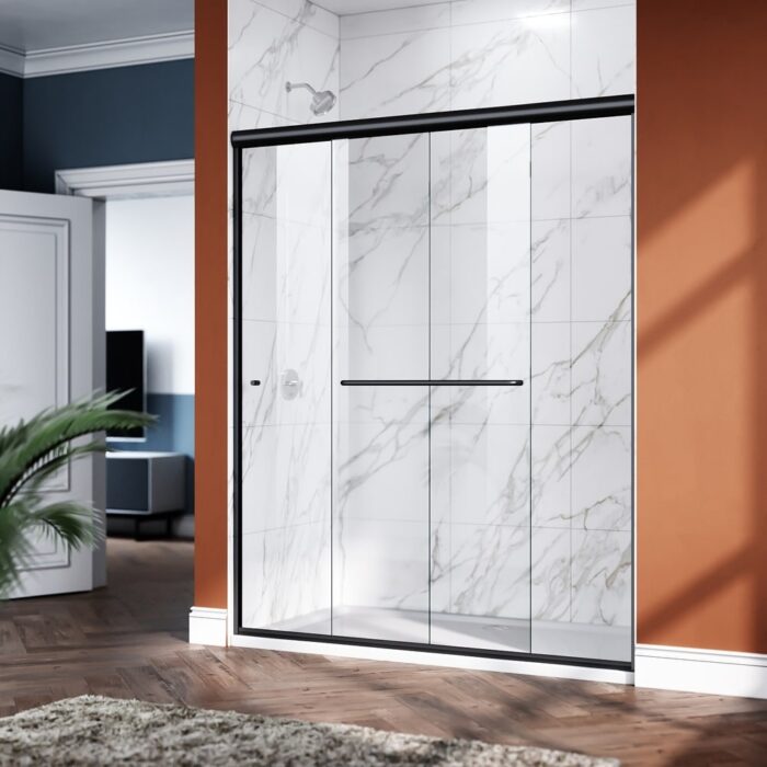 ELEGANT Semi-Frameless Double Sliding Shower Door Black Finish - Image 2