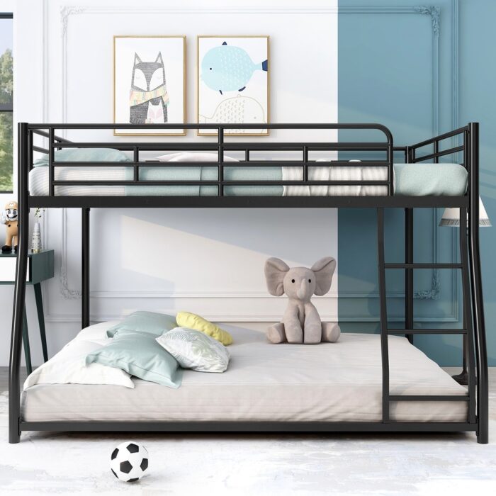 Black Full XL Over Queen Metal Bunk Bed Floor Bunk Bed w/ Ladders - Image 2