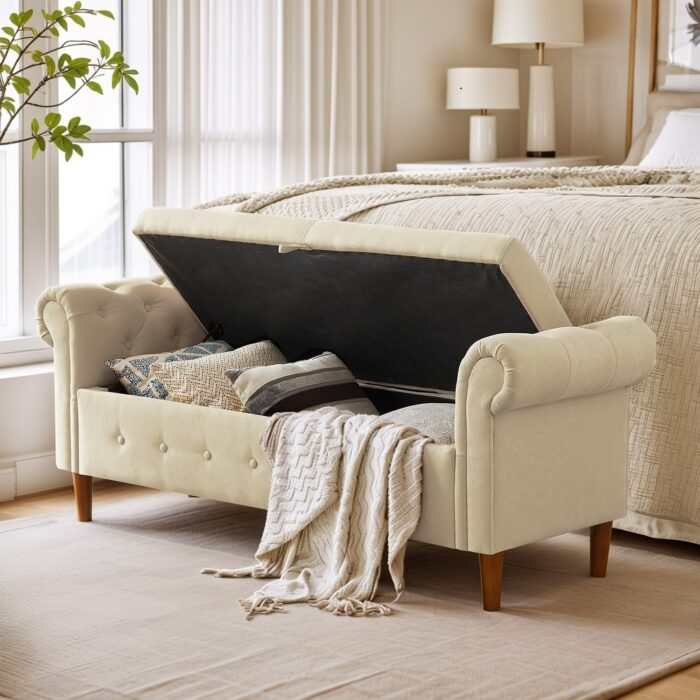 Storage Bench for Bedroom End of Bed Rolled Armed Velvet Fabric Ottoman Couch Long Bench - Image 2
