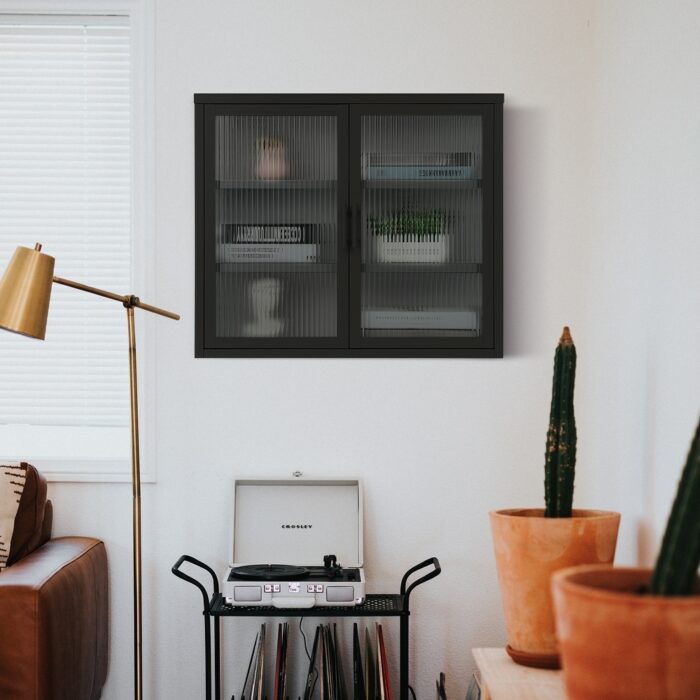 Over The Toilet Bathroom Wall Cabinet Black Medicine Cabinet with Fluted Tempered Glass Door and Shelves for Kitchen