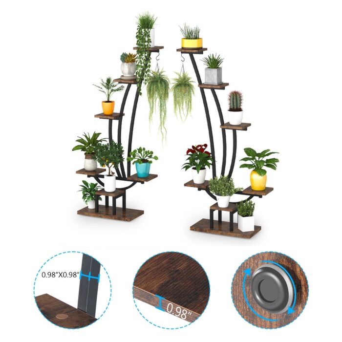 Wood Multi-Tiered Indoor Plant Stand with 6-Tier Shelf and Hooks(Pack of 2),6-Tier Bookcase for Living Room Home Office - Image 2