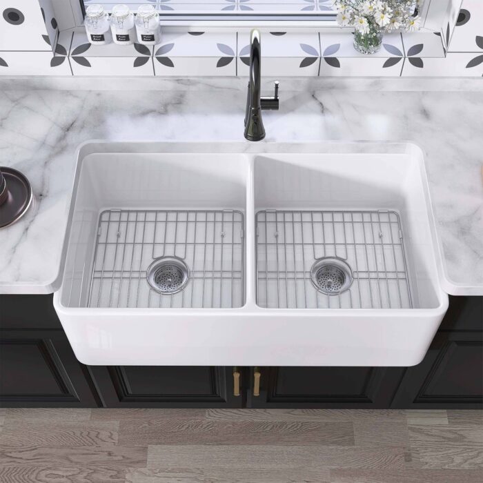 ZEAFIVE Farmhouse Apron-Front Double Bowls Matte Black Fireclay Kitchen Sink With Bottom Grids and Strainers - 33*18