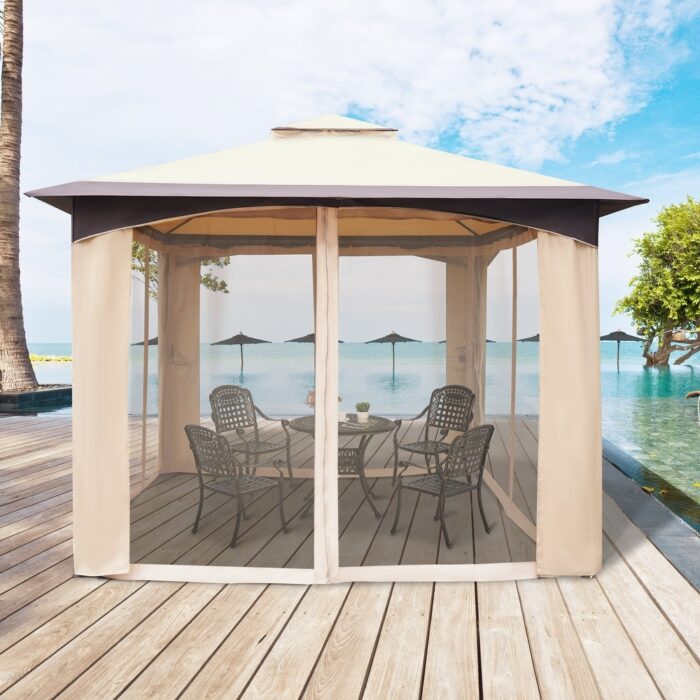 Outsunny 10' x 12' Soft Top Outdoor Gazebo Canopy with Double Roof, Beautiful Design with Eaves, & Mesh Curtain Sidewall
