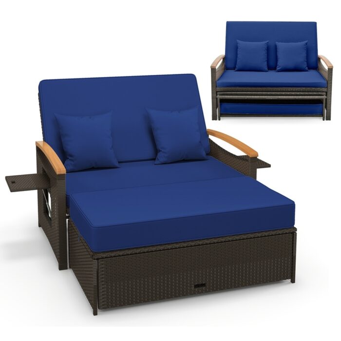 Gymax Outdoor Wicker Daybed Patio Loveseat & Storage Ottoman Set w/