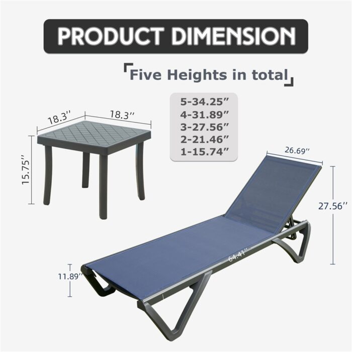 Outdoor Adjustable Backrest Lounge Chair with Side Table (Set of 3) - N/A - Image 2